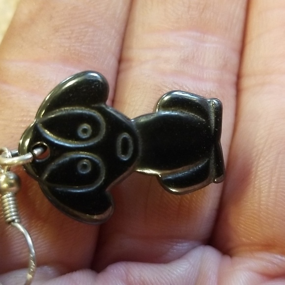 Obsidian Stone Dog Puppy Dangle Earrings - Picture 3 of 4